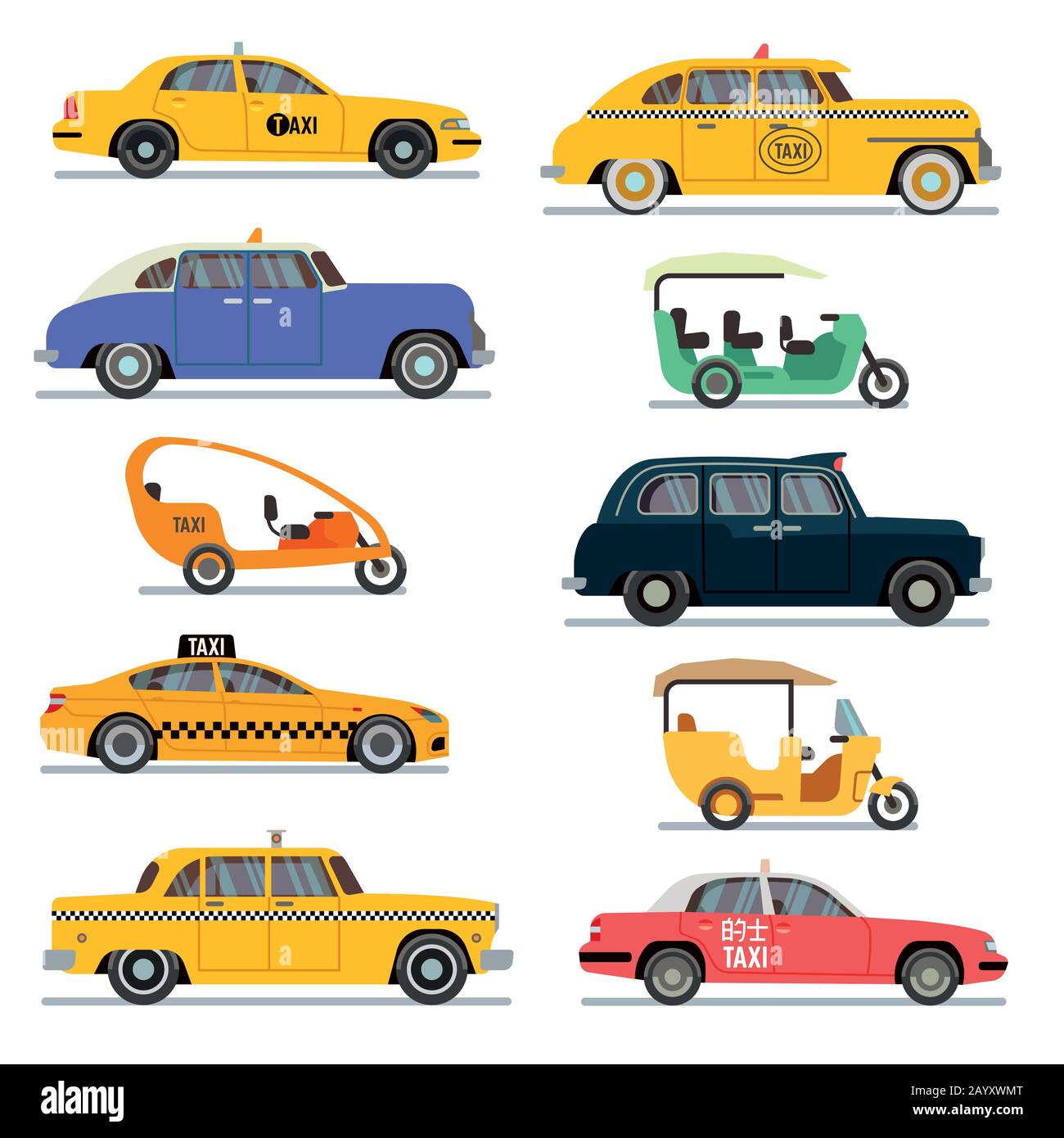 Weltberühmte Taxiwagen. Satz verschiedener Taxifahrzeuge Vektorgrafiken Stock Vektor