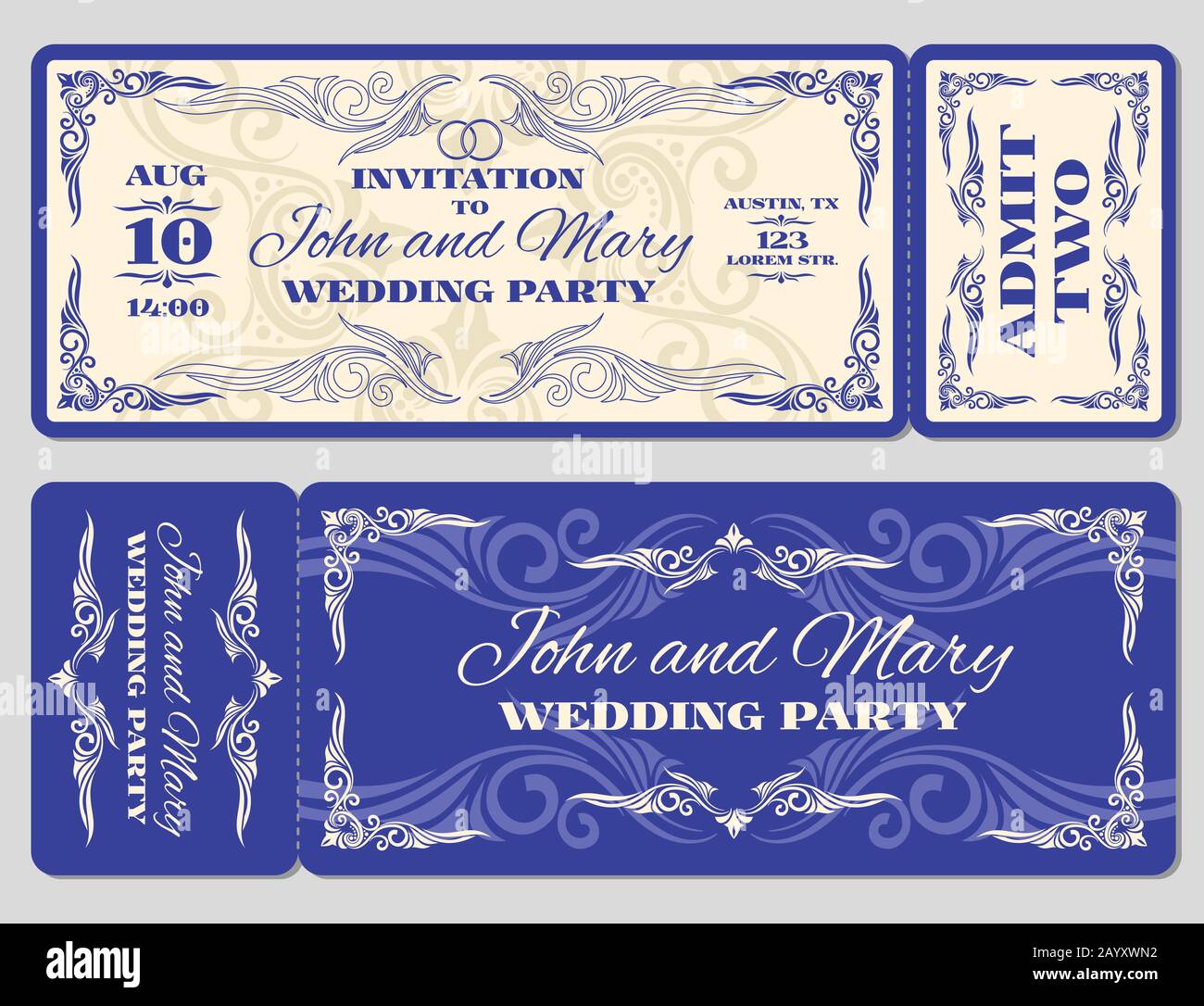 Vector Vintage Ticket Hochzeitseinladung. Karte zur Feier der Hochzeit und Einladung zur Hochzeit Illustration Stock Vektor