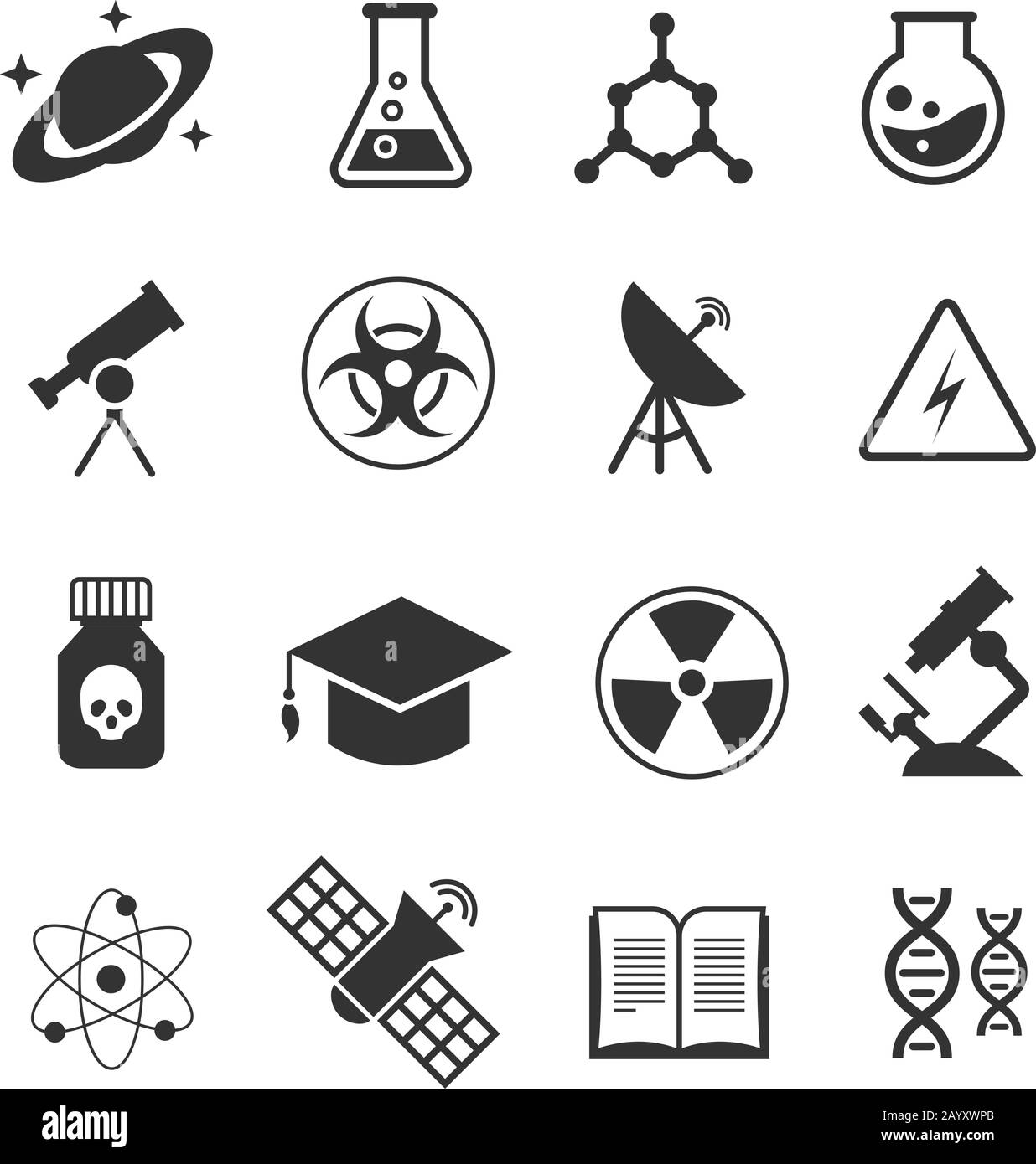 Wissenschaftliche Vektorsymbole. Die Wissenschaft der Ikonen setzt Atom und dna, technologiewissenschaftliche medizinische und chemische Illustration Stock Vektor