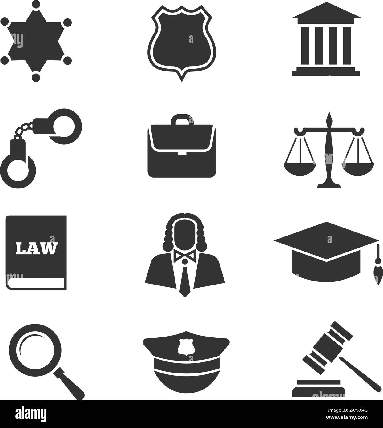 Gerechtigkeit, Recht, Polizeivektor-Ikonen. Satz von Justizsymbolen, Abbildung Rechtsgerechtigkeit Stock Vektor