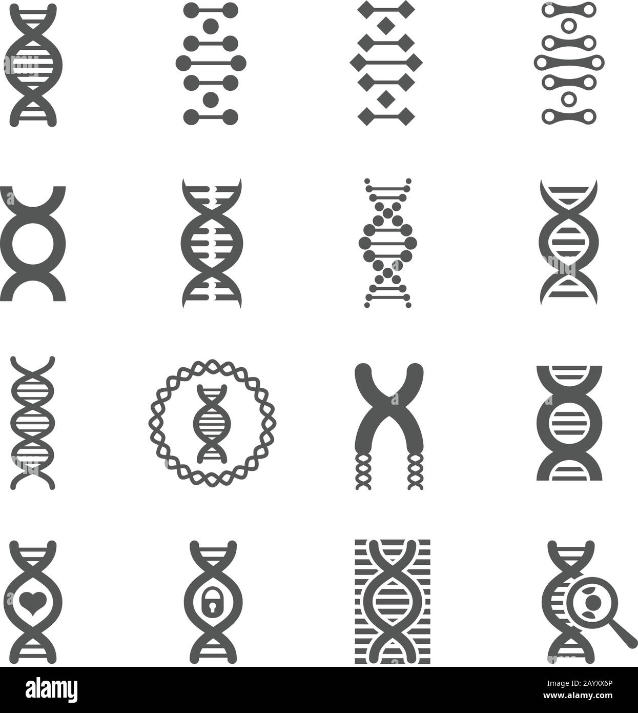 Schwarze DNA-Spiralvektor-Symbole. Genetische Zeichen der Biologie und dna-Molekularsymbole für Chemie oder Biologie Stock Vektor