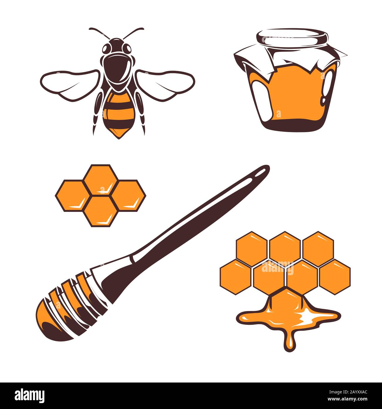 Über weiß isolierte Designelemente für Imker, Bienen und Honigvektoren. Natürliche Honigabbildung Stock Vektor