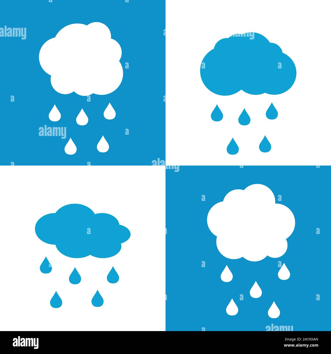 Flache Wolkensymbole mit abfallender Farbe auf weißem und blauem Hintergrund. Regenwetter mit Wolke, Vektorgrafiken Stock Vektor