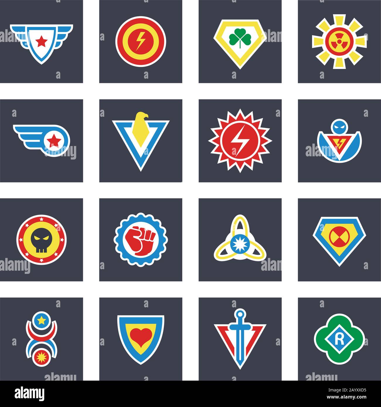 Superhelden-Farbvektor-Abzeichen, Embleme, Logos. Superhelden-Symbol, Power und Protect Insignia für Superheldenillustration Stock Vektor