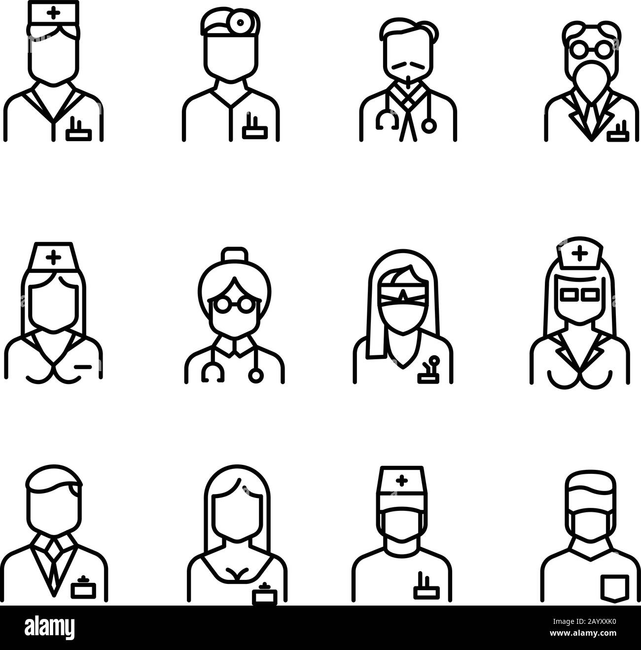 Symbole für Ärzte, Pflegesymbole, Vektoravatare für medizinisches Fachpersonal. Chirurg mit Stethoskop, Abbildung des Frauenarztes Stock Vektor