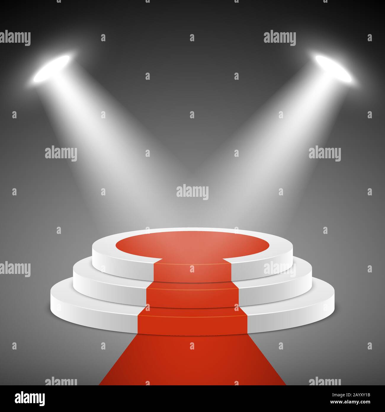 Scheinwerfer beleuchten Bühnensockel mit rotem Teppich. Podest zur Preisverleihung. Abbildung leerer Vektor der Standstufe Stock Vektor