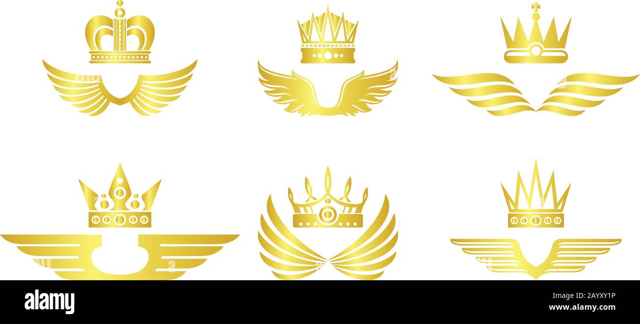 Goldene Krone mit Flügel-Vektor-Emblem gesetzt Stock Vektor