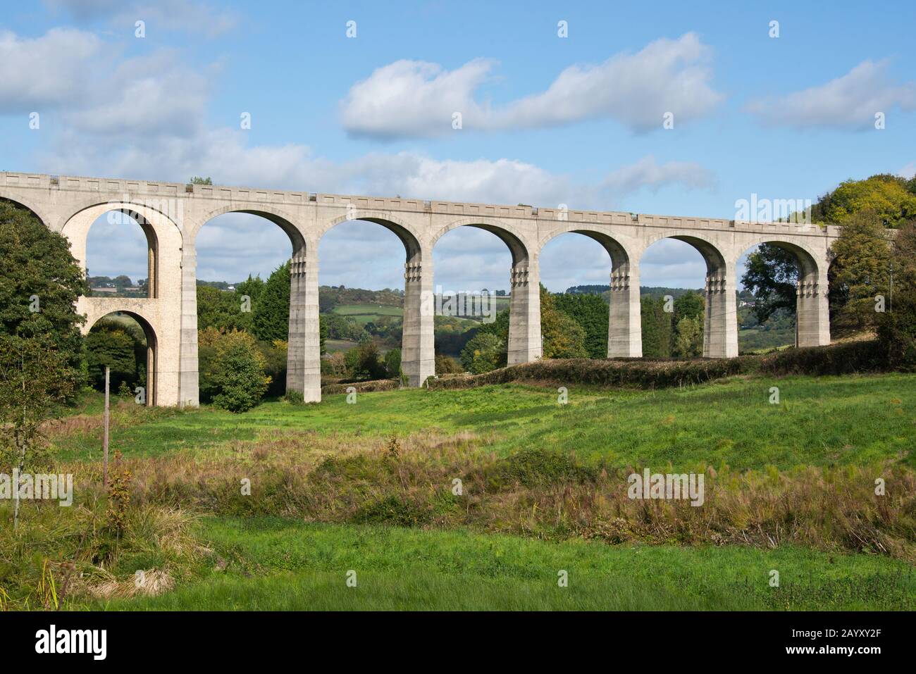 Das imposante zehnbogenige Cannington-Viadukt an der stillgenutzten Zweigstrecke der Axminster & Lyme Regis Light Railway bei Uplyme in East Devon. Stockfoto