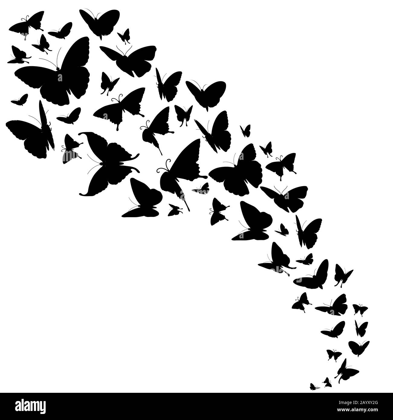Abstrakte Vektorhintergrund mit Schmetterlingsdesign. Freie Schmetterlinge in schwarzer Farbe und Fluss von Schmetterlingen Stock Vektor