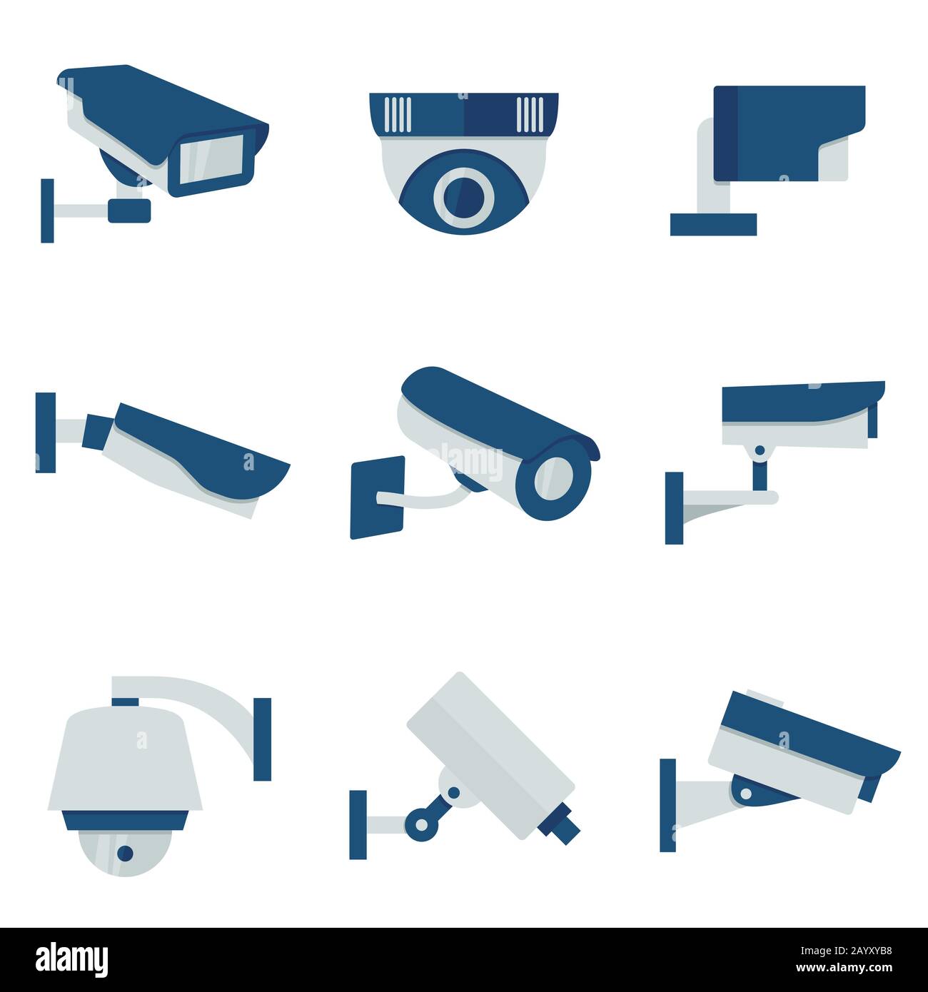 CCTV-Sicherheitskamera Vector Flat Icons Set. Sicherheitssystem cctv und Überwachung mit cctv zur Veranschaulichung des Schutzes Stock Vektor