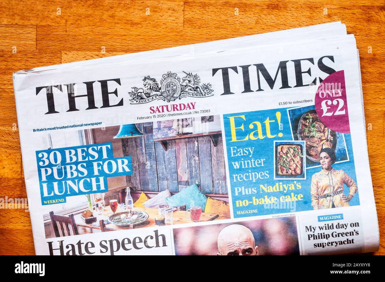 Die Titelseite und der Masskopf der Times, eine britische Boulevardzeitung. Stockfoto