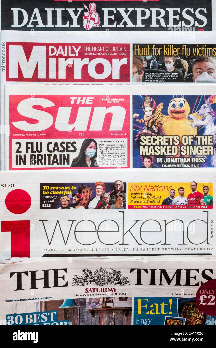 Die Maskenanzeigen einer Auswahl britischer Zeitungen. Stockfoto