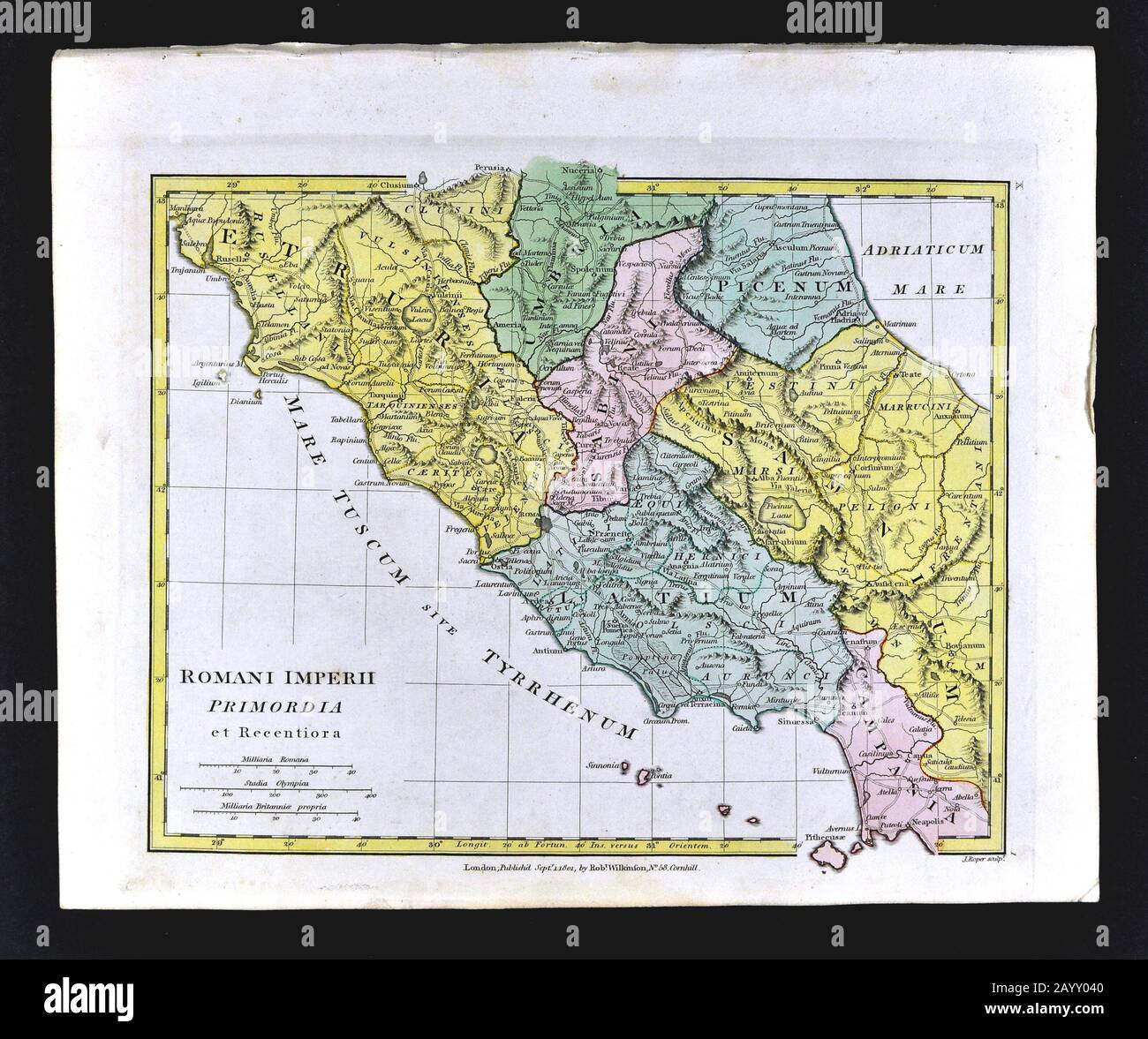 1808 Wilkinson Karte Roman Italien Rom Romani Imperii Primordia Etruria Latium Umbria Campania Stockfoto