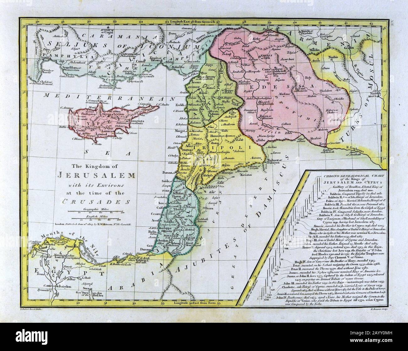 1808 Wilkinson Karte Jerusalem & Umgebung zur Zeit der Kreuzzüge - Palästina Tripolis Antioch Zypern Stockfoto