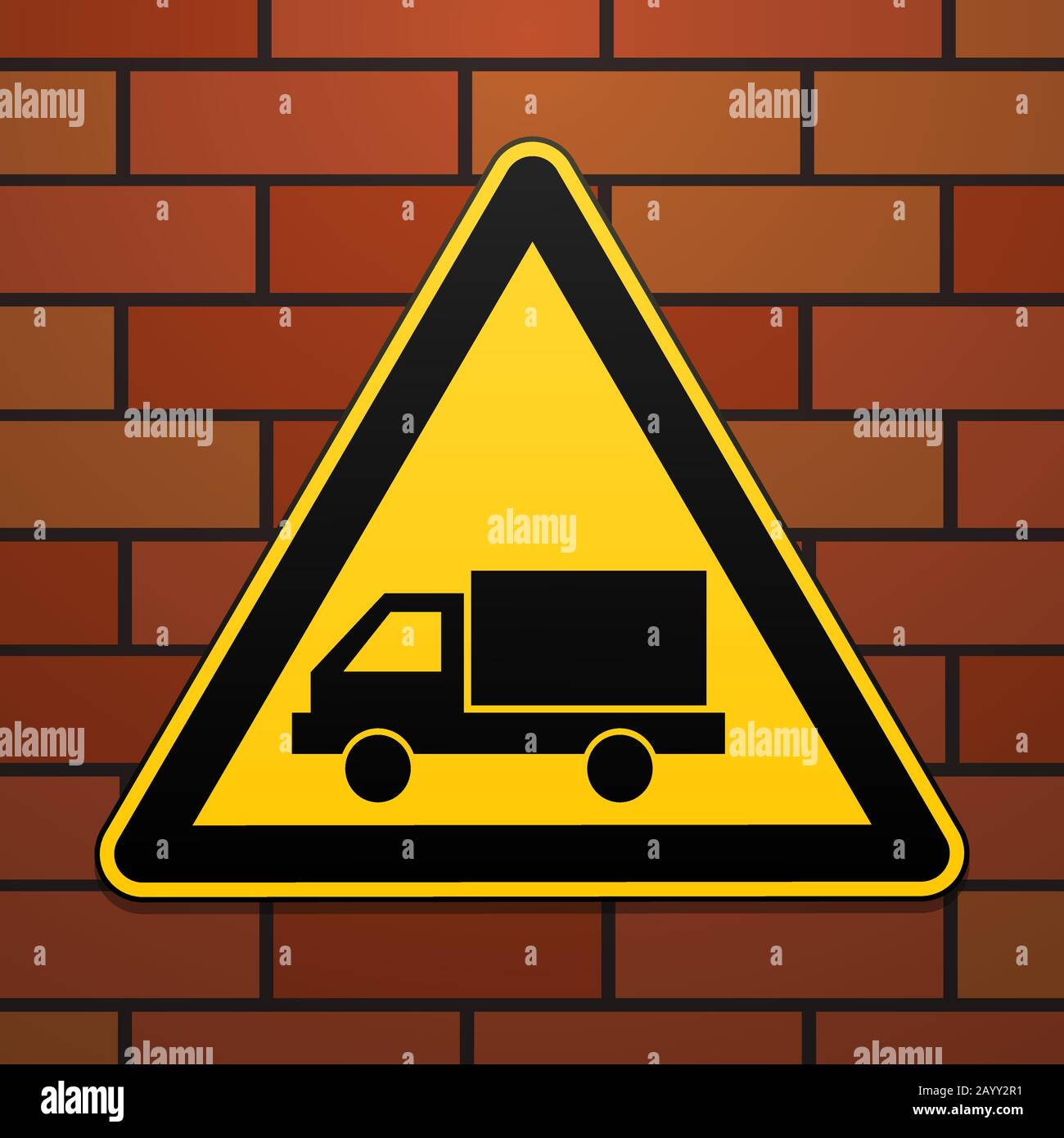 Internationales Warnschild für die Sicherheit. Achten Sie auf das Auto, Das Schild auf dem Hintergrund der Ziegelwand. Schwarzes Bild auf gelbem Dreieck. Vektor Stock Vektor