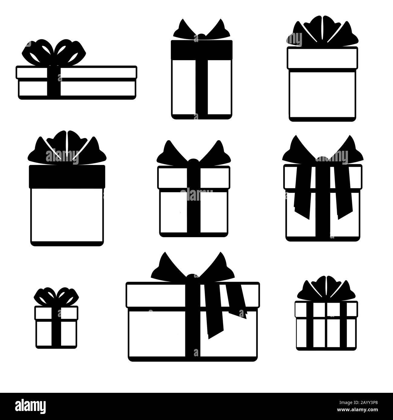 Geschenkschachteln mit Farbbandbögen, die isoliert über weiß gesetzt sind. Weihnachtsgeschenkkarton im monichrome Stil. Vektorgrafiken Stock Vektor
