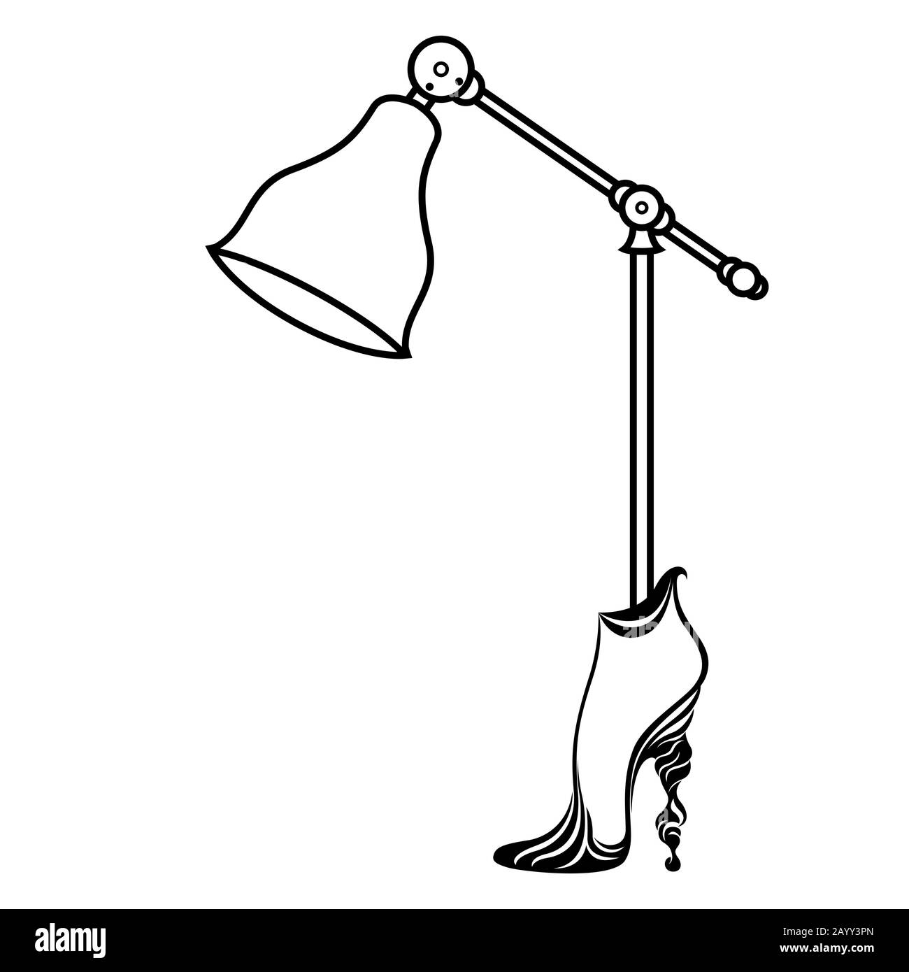 Schwarzer Umriss der dekorativen Tischleuchte im hochgestielten Frauenschuh, isoliert auf weißem Hintergrund, Vektorsymbol Logo Stock Vektor