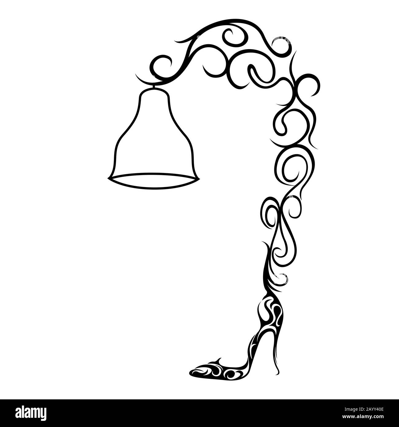 Schwarzer Umriss der ornamentalen Tischleuchte im hoch gehälelten Frauenschuh, isoliert auf weißem Hintergrund, Vektorsymbol Logo Stock Vektor