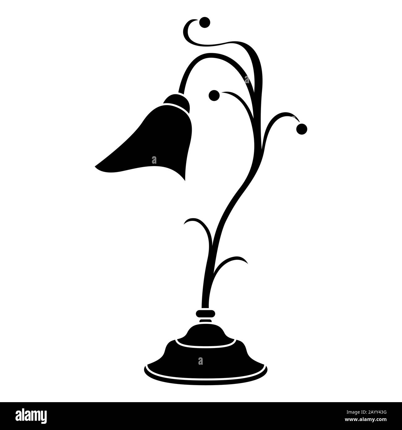 Schwarze Schablone mit dekorativer Tischleuchte in Form einer Blume, isoliert auf weißem Hintergrund, Vektorsymbol Logo Stock Vektor