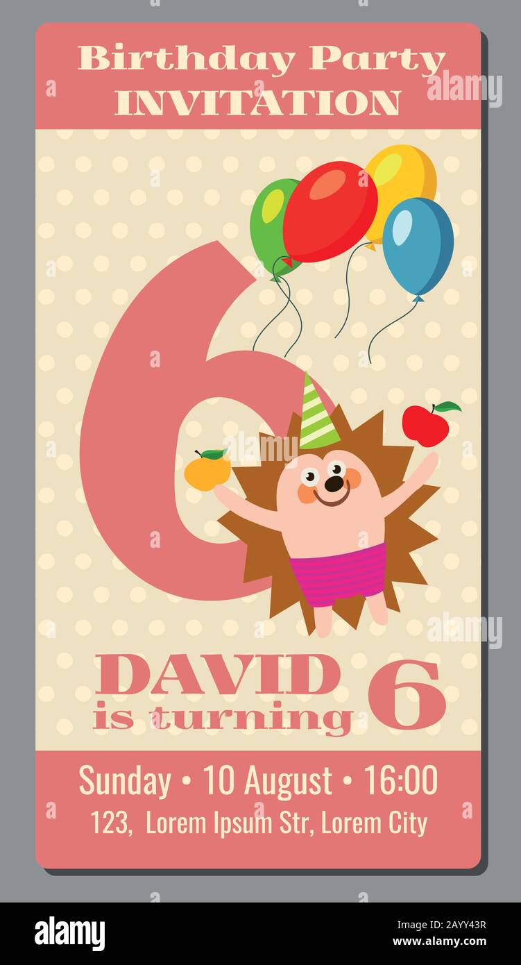 Happy Birthday schöne Vektorkarte mit lustigen Igel 6 Jahre alt. Einladungskarte zur Feiertagsparty-Illustration Stock Vektor
