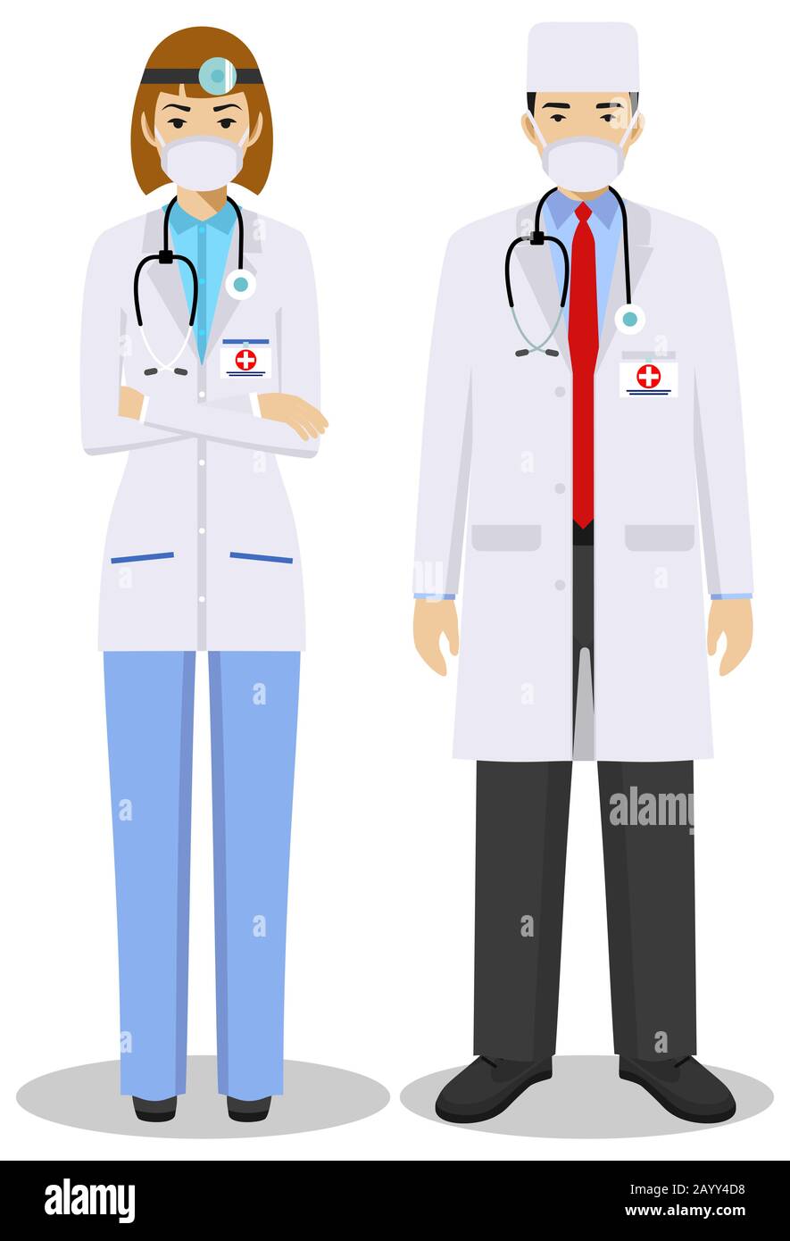 Medizinisches Teamwork-Konzept. Detaillierte Darstellung Paar Sanitäter, Frau, Notarzt, Pfleger in flachem Stil. Ärzte stehen Stock Vektor