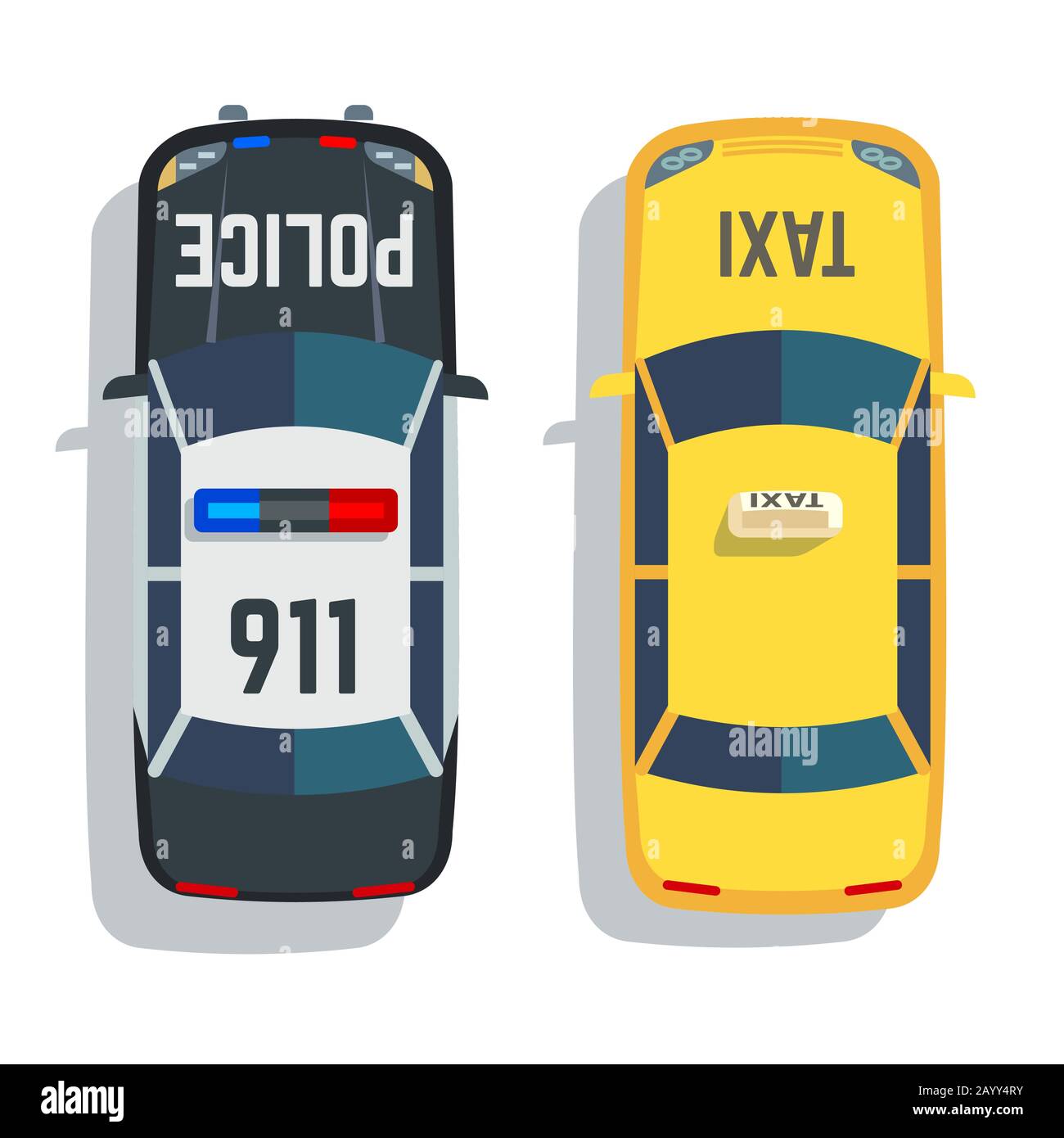 Polizei- und Taxifahrzeuge Vektor Draufsicht eingestellt. Auto für Taxi und Polizei, Illustration Transport-Taxi und Auto Polizei Ansicht oben Stock Vektor
