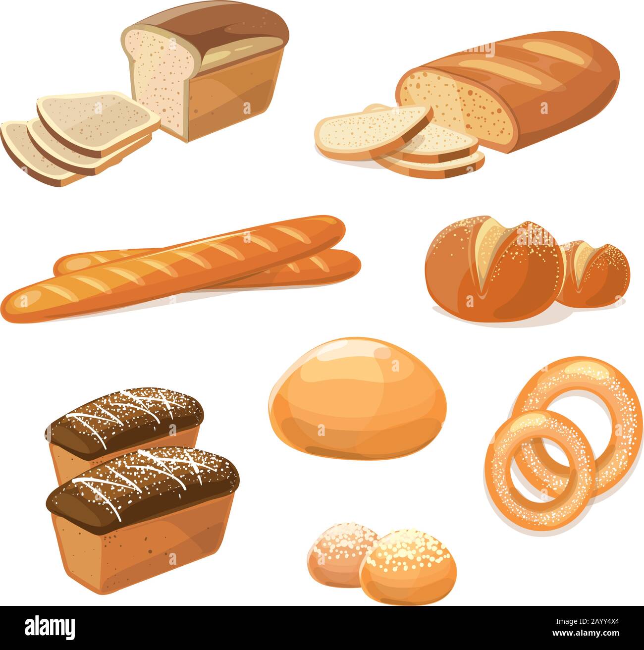 Backwaren und Gebäckprodukte. Verschiedene Arten von Brot-Vektor-Symbolen. Backwaren zum Frühstück, Illustration von Backbrot und Baguette Stock Vektor