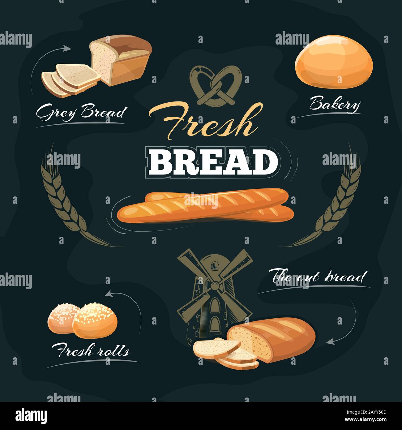 Café-Speisekarte für Backwaren. Brot oder Baguette zeichnen, Etikett und Emblem für Backwaren mit Brot. Vorlage für Vektorgrafiken Stock Vektor