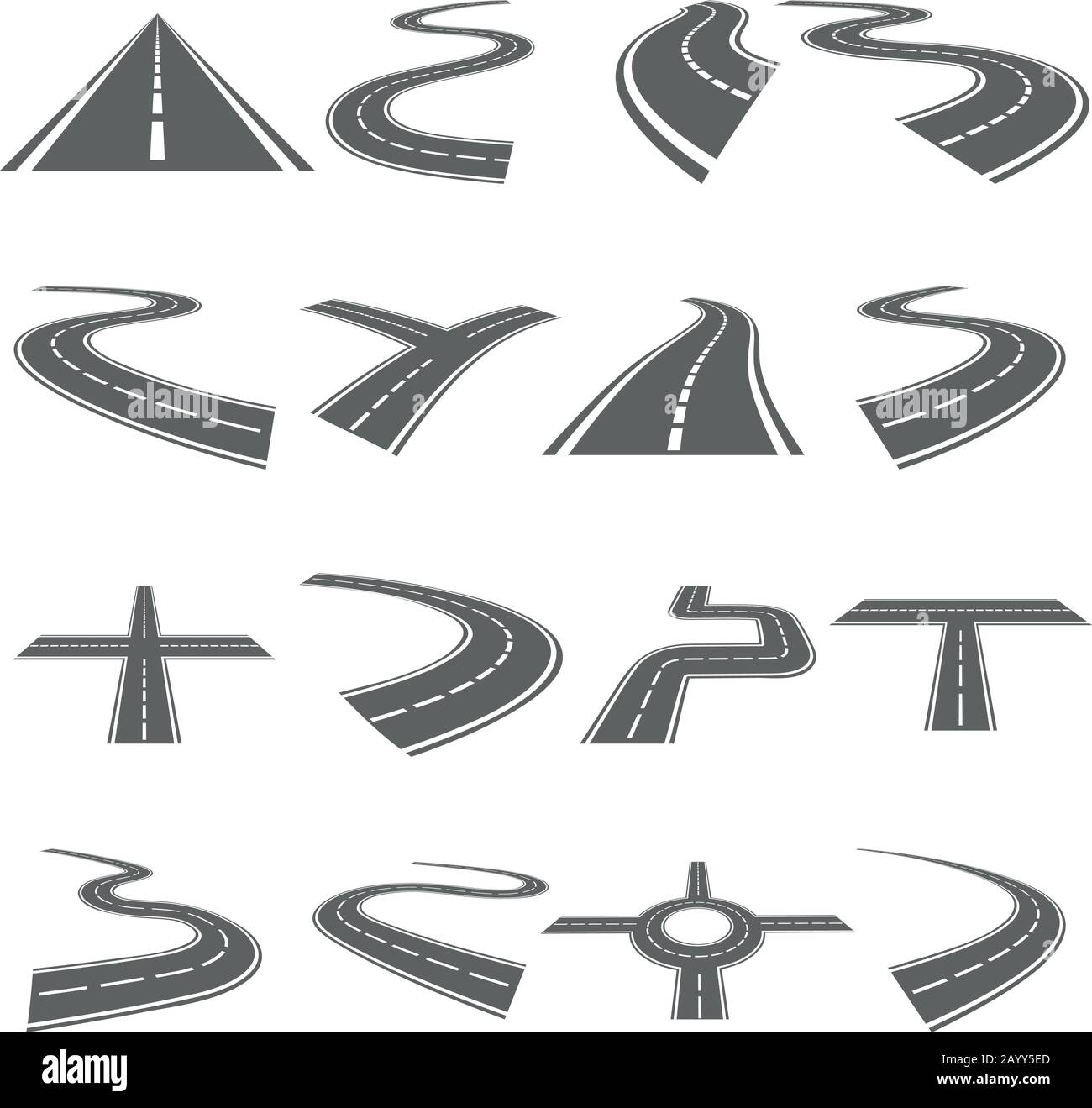 Vektorsatz für gekrümmte Straßen. Asphalt Straße oder Weg und Kurve Straße Autobahn für Verkehrsabbildung Stock Vektor
