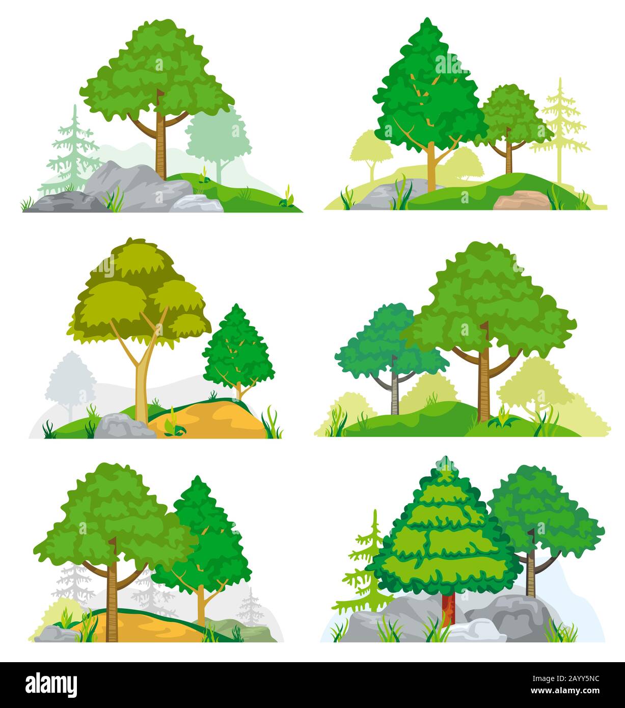 Landschaften mit Nadel- und Laubbäumen, Gras und Felsen. Vektor-Satz Naturlandschaft mit Baum und Felsen, Abbildung Waldbaum-Nadelholz Stock Vektor