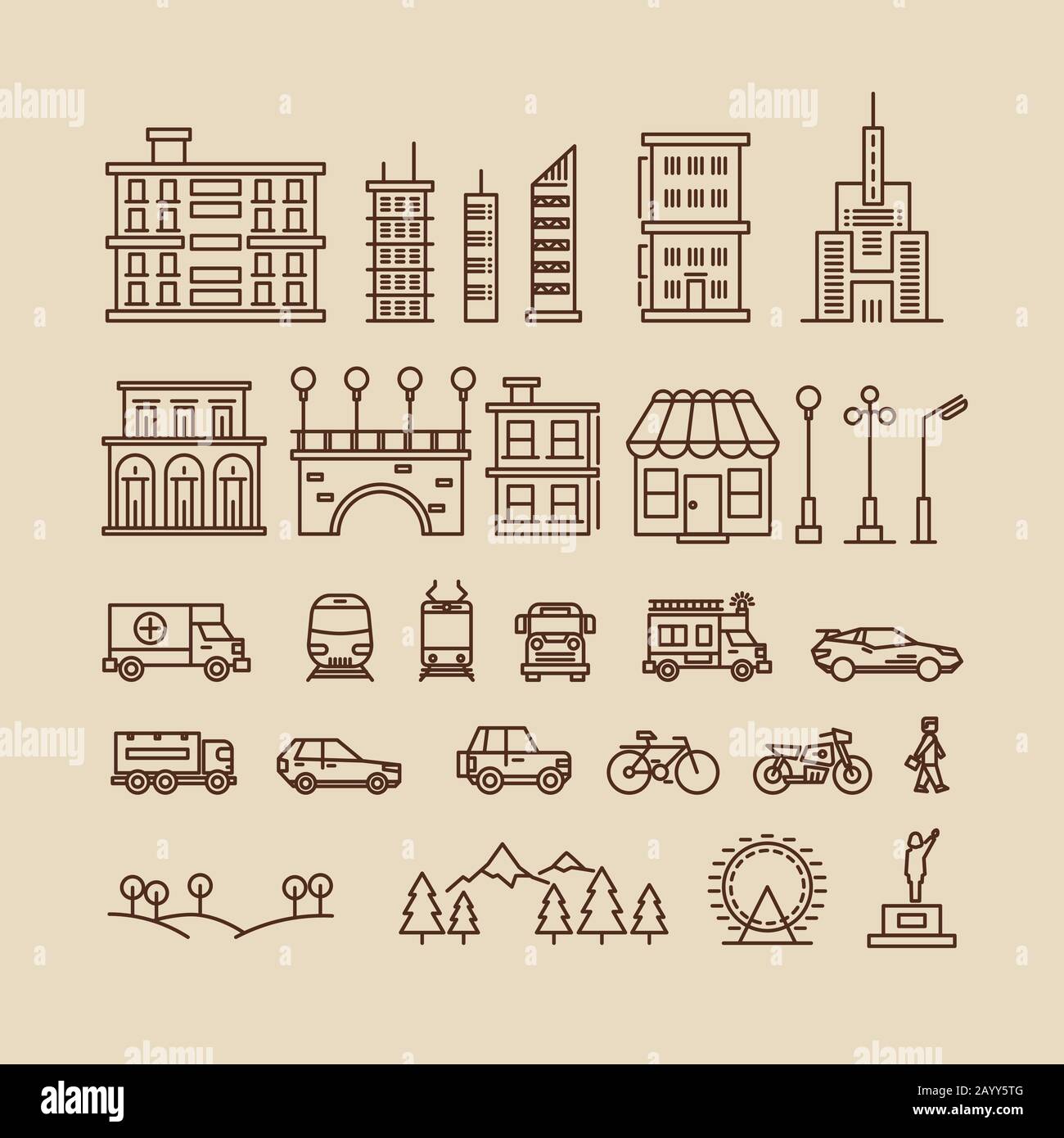 Linienelemente der Stadt. Gebäude und Häuser, Bäume und Verkehrssymbole für Stadtplan oder Stadtbild. Vektorgrafiken Stock Vektor