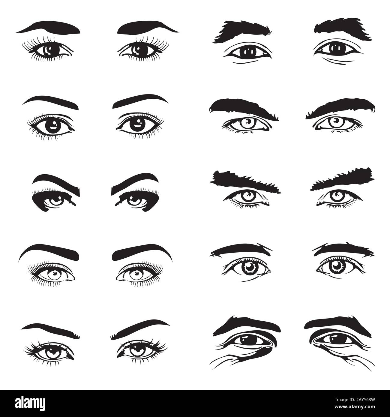Männliche und weibliche Augen und Augenbrauen Vektorelemente. Menschlicher Augapfel und Darstellung Stock Vektor
