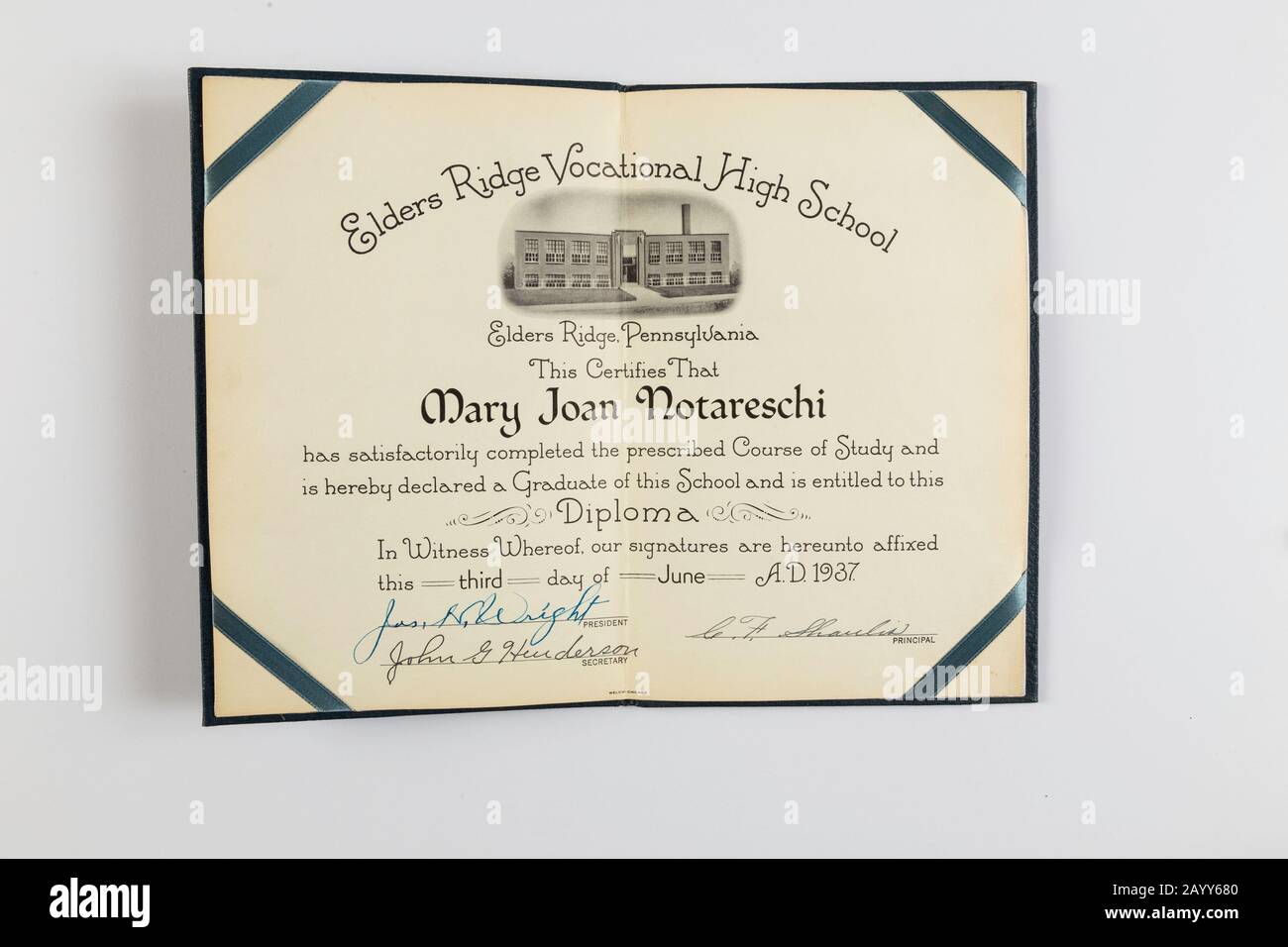 1937 Elders Ridge Vocational High School Diploma, USA Stockfoto