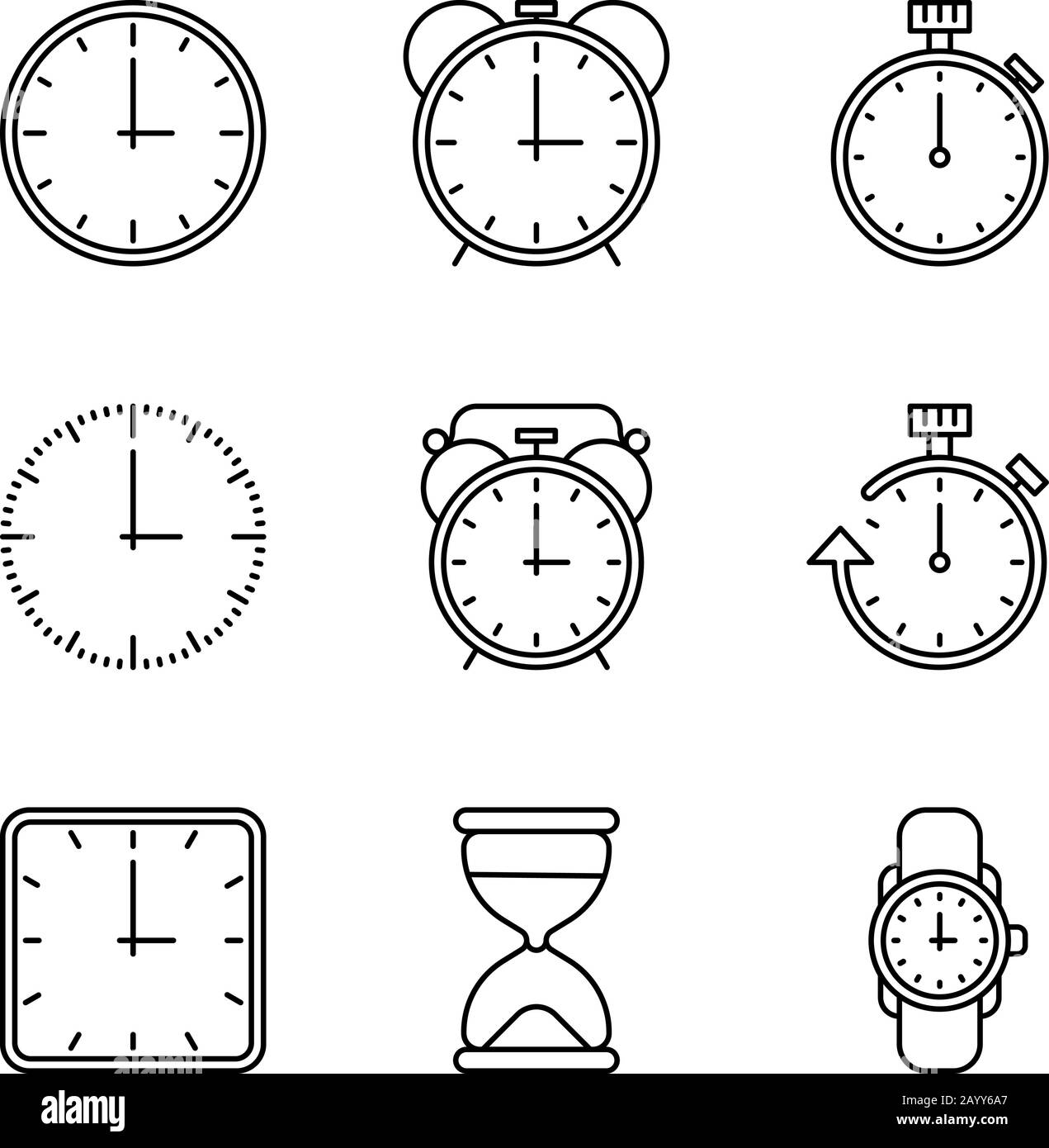 Die Symbole für die Zeit- und Uhrzeitvektor-Linie sind festgelegt. Uhr der Zeichen- und Illustrationssammlung von Uhren Stock Vektor