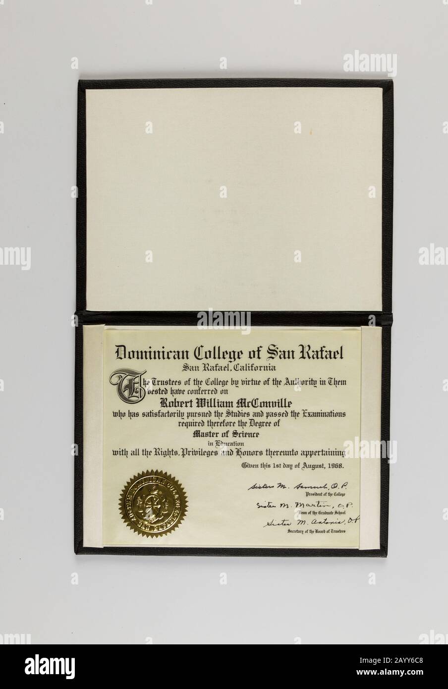 Vintage Master of Science in Education Diploma, USA 1960er Jahre Stockfoto