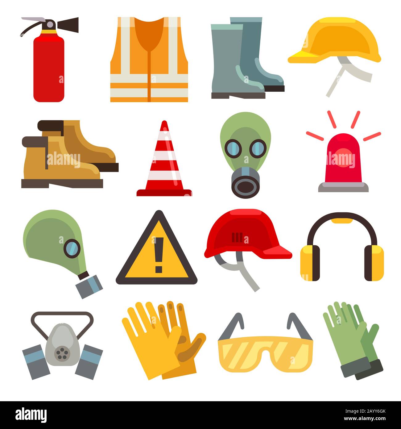 Sicherheitssymbole für flache Vektorgrafiken festgelegt. Arbeitskleidung für Sicherheit, Schuh- und Handschuhschutzkleidung, Helm und Feuerlöscher Stock Vektor