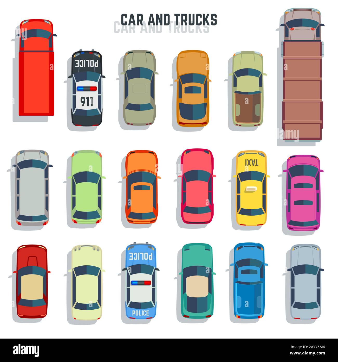 Pkws und Trucks - Vektor-Symbole in der Draufsicht. Auto- und Limousinenwagen zur Veranschaulichung des Transports Stock Vektor