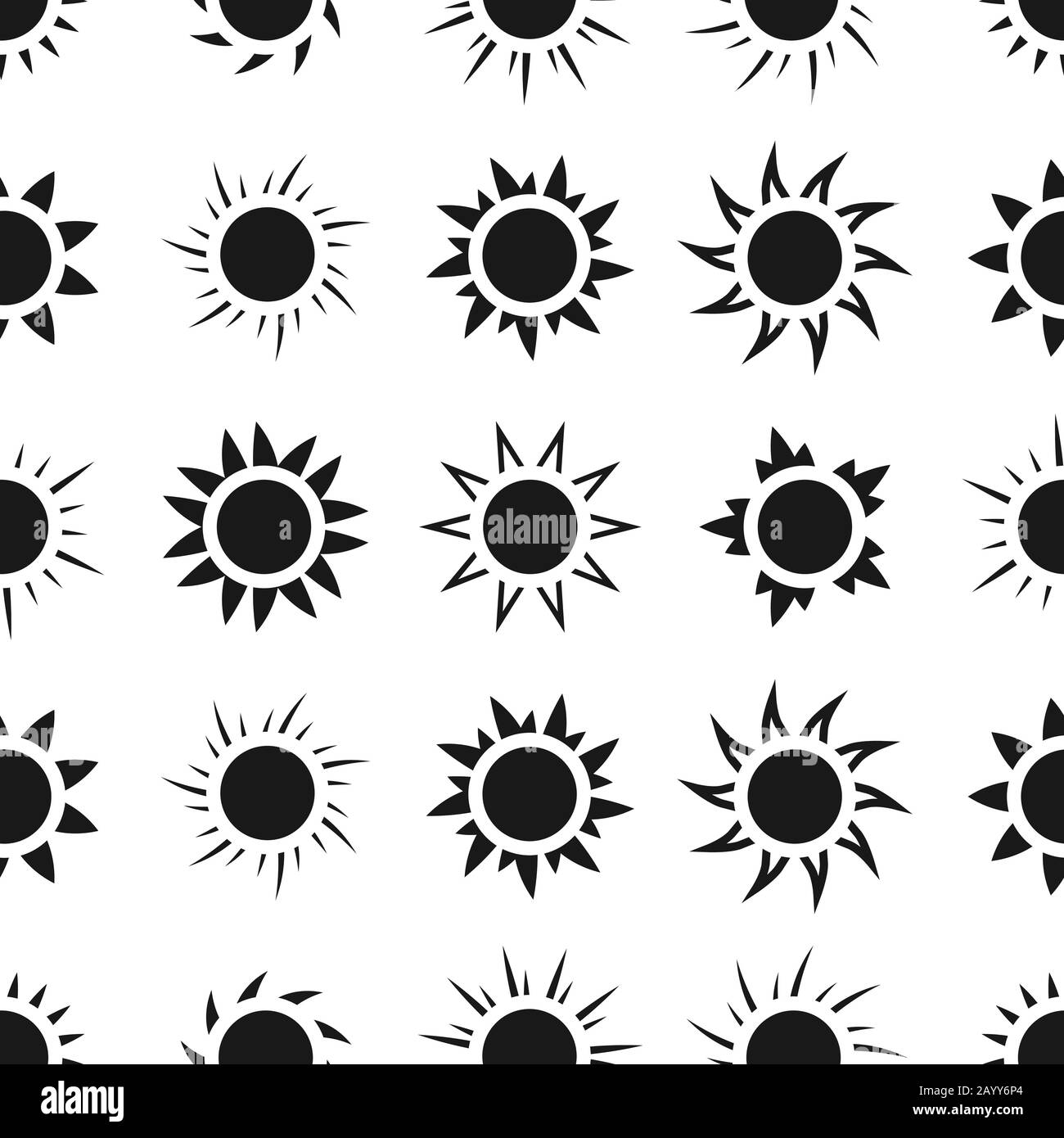 Sonne am Himmel, nahtloses Muster. Monochromer Hintergrund mit Sonne, Vektorgrafiken Stock Vektor