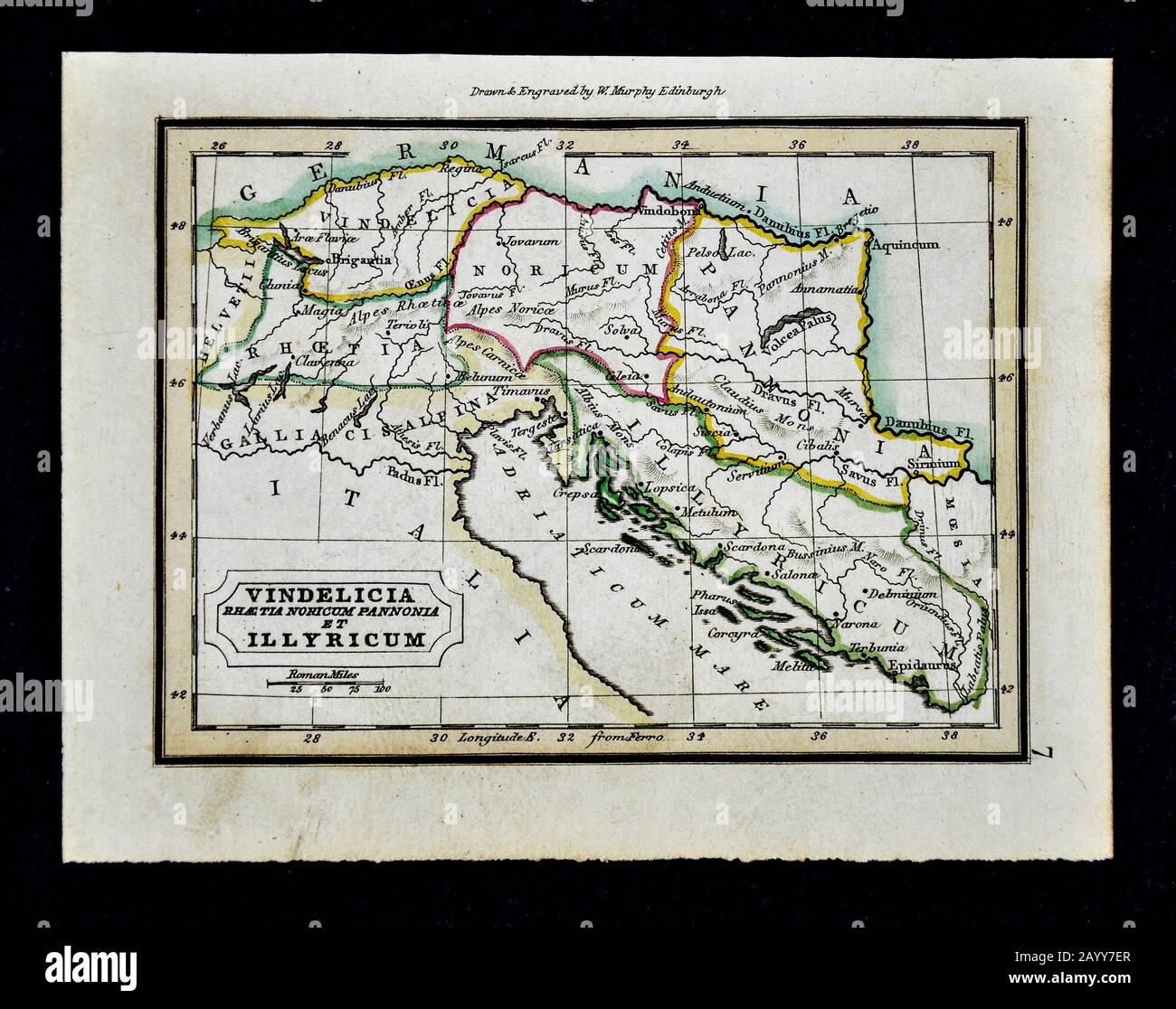 1832 Murphy-Karte das antike Kroatien Slowenien Bosnien-Herzegowina - Vindelicia Rhaetia Noricum Pannonia et Illyricum Stockfoto