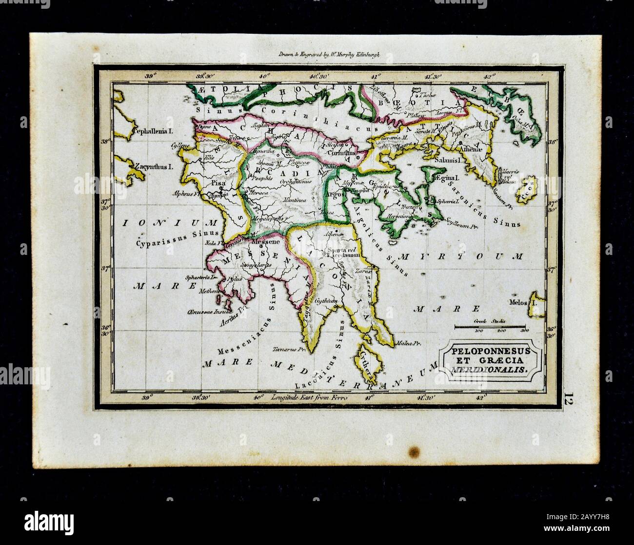 1832 Murphy-Karte Altes Griechenland - Peloponnesus et Graecia Meridionalis - Athen Sparta Korinth Cythera Stockfoto
