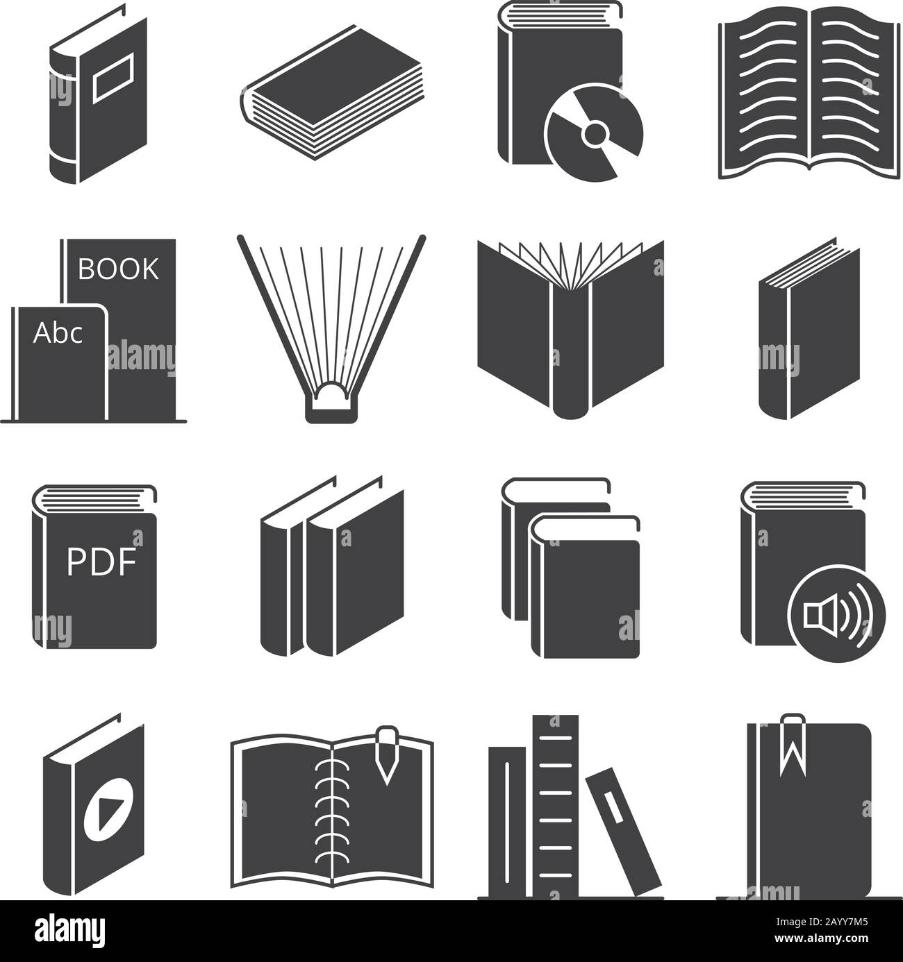 Bücher Vektorsymbole. Literaturbuch zum Lernen und zur Illustration von Audio- und Videobüchern Stock Vektor