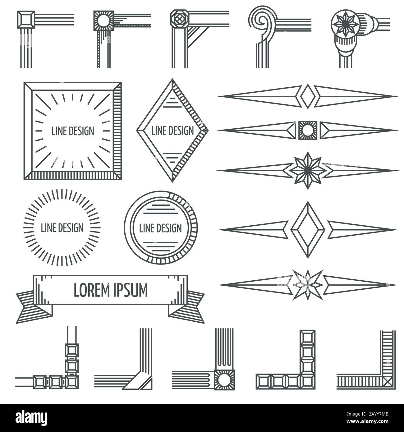 Vintage dünne Linie geometrische Vektoren Formen Rahmen Ecken. Linearer Satz von Rahmen- und Bildrahmen Rahmenlinie Stock Vektor
