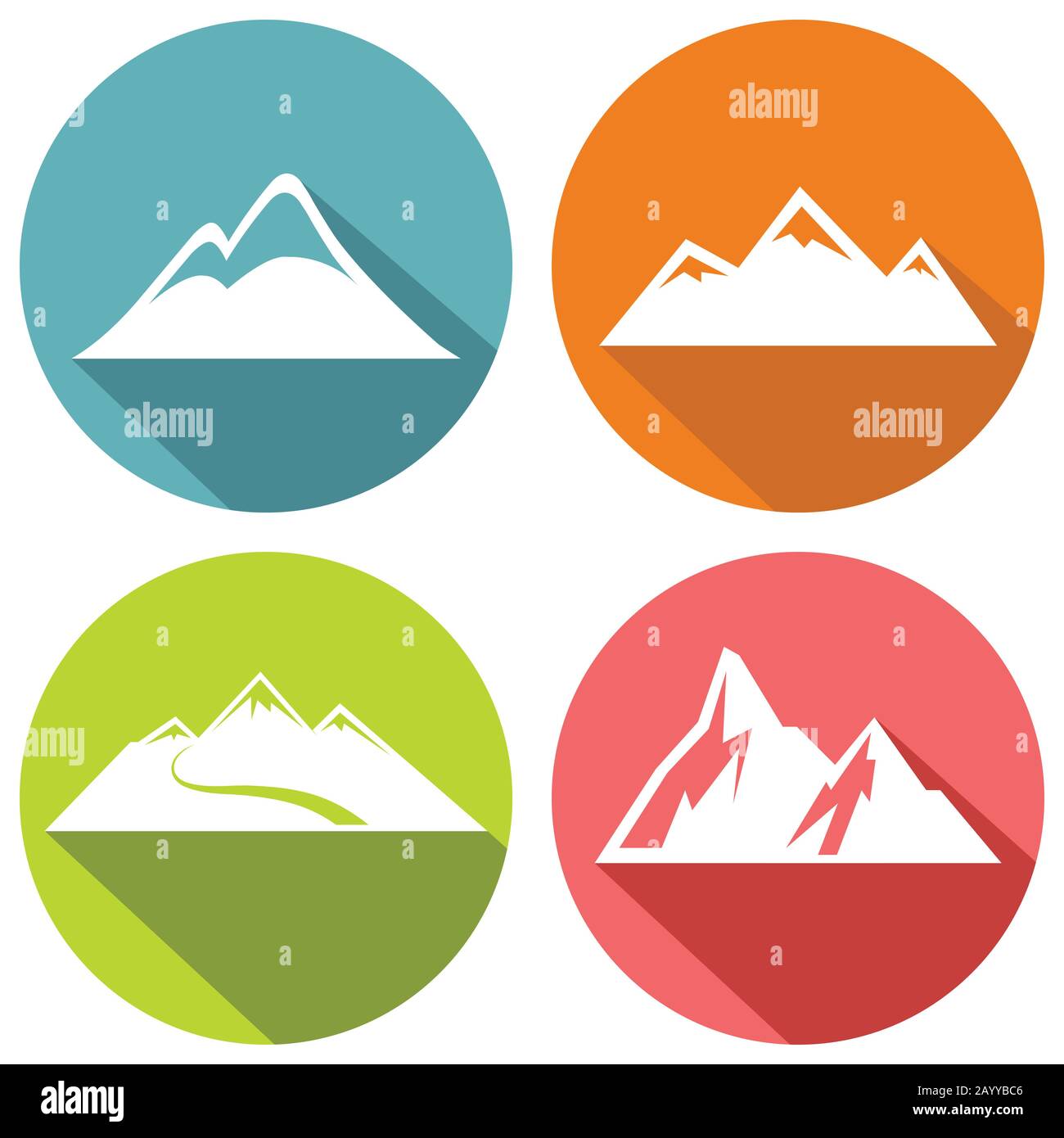 Flache Bergsymbole mit langem Schatten. Symbole für extreme Reisen, Vektorgrafiken Stock Vektor