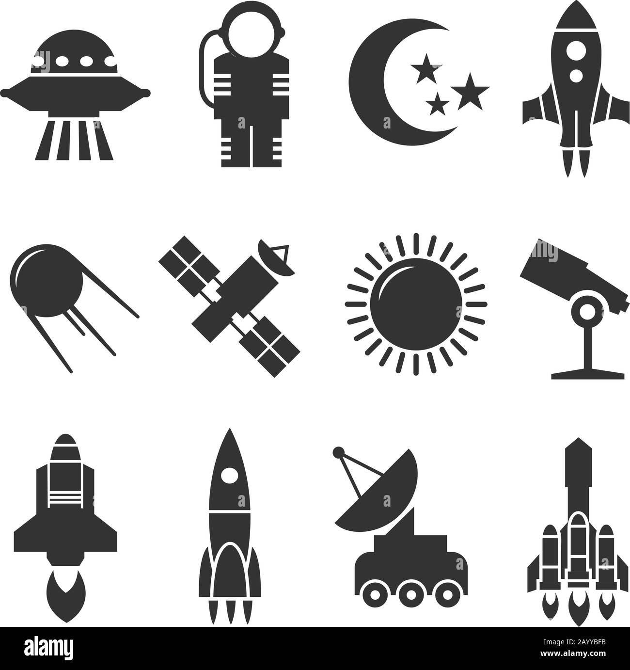 Vektorsymbole für Raum und Astronomie. Raketen und Satelliten, Planeten und Astronautenvektor-Zeichen Stock Vektor