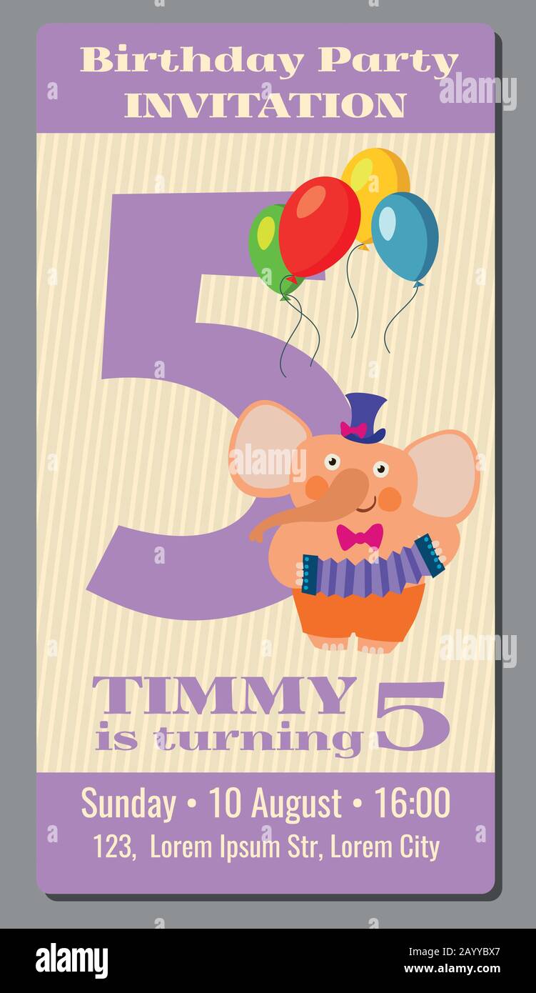 Happy Birthday, schöne Vektorkarte mit lustigen Elefanten, 5 Jahre alt. Festliche rechteckige Karte mit Cartoon Animal Illustration Stock Vektor