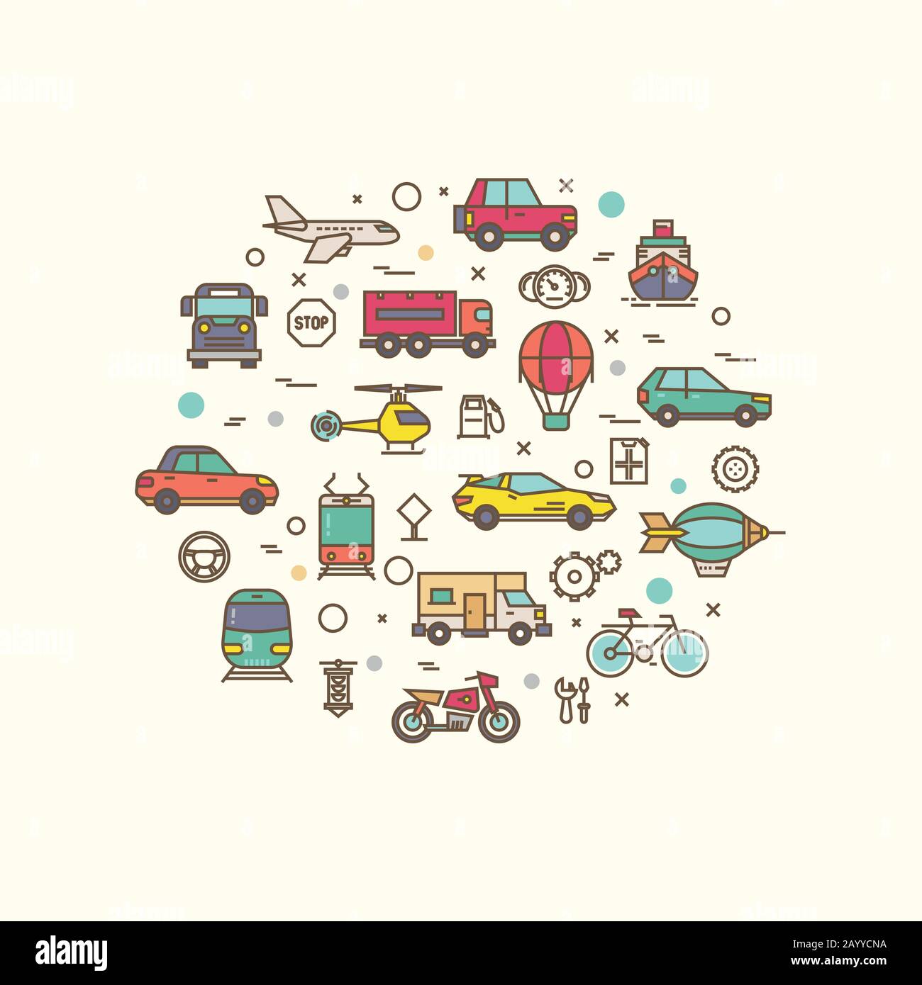 Fahrzeug- und Transportsymbole im Kreisdesign. Transportvektor-Konzept mit Symbolen für dünne Linien. Fahrzeugtransportzusammensetzung, Fahrradlastwagen und Bus für Verkehrstransport-Illustration Stock Vektor