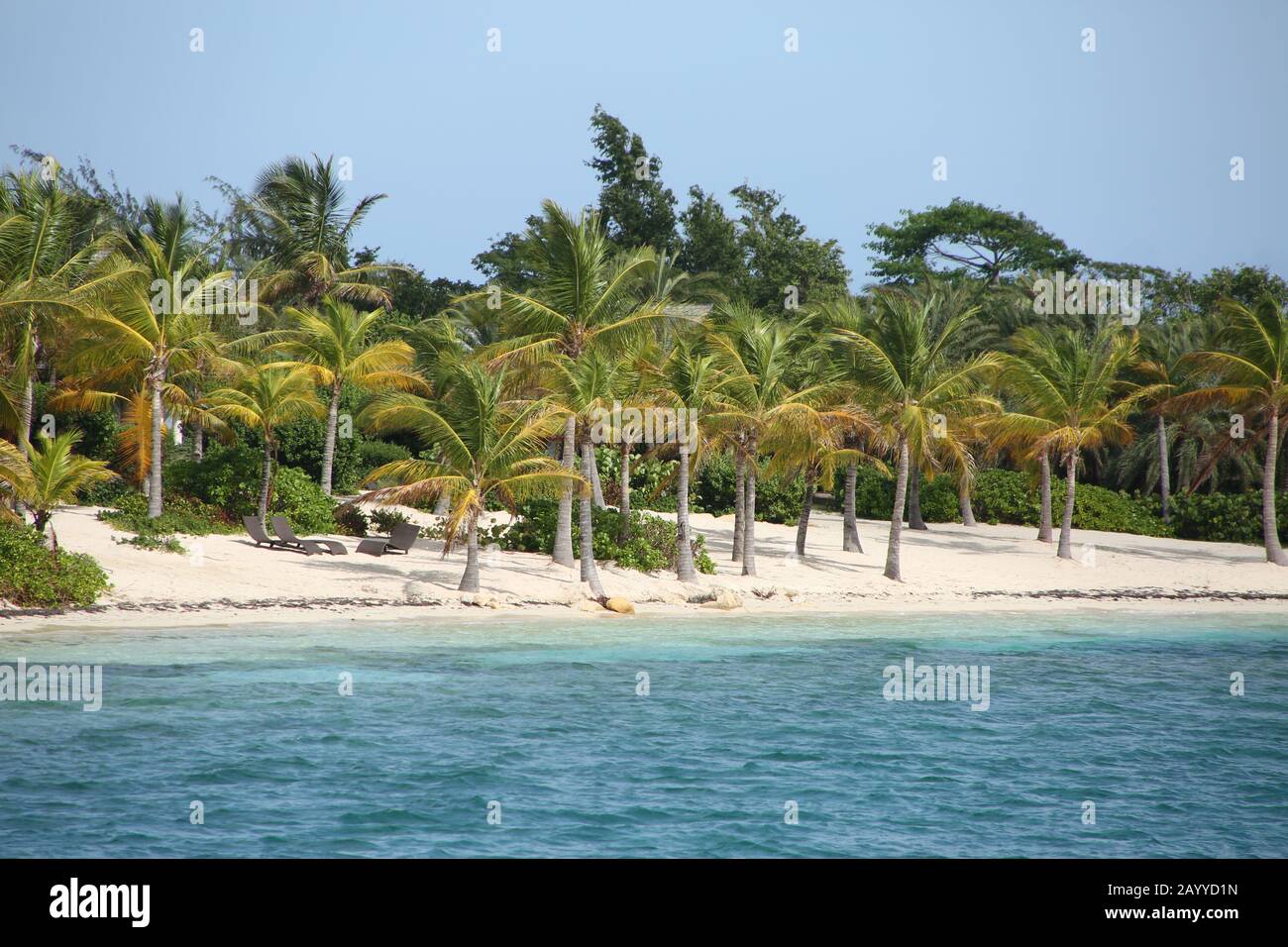 Schönen tropischen Strand mit Sicht auf das Meer und den weißen Sandstrand auf Green Island, Antigua, Karibik. Stockfoto