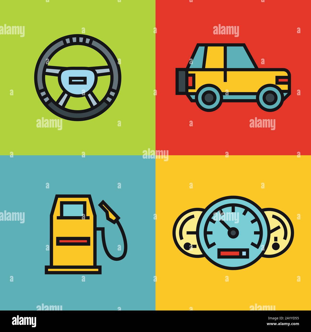 Farbige Symbole in Straßenfarbe in Linienform mit schwarzem Strich auf Farbhintergrund. Vektorgrafiken Stock Vektor
