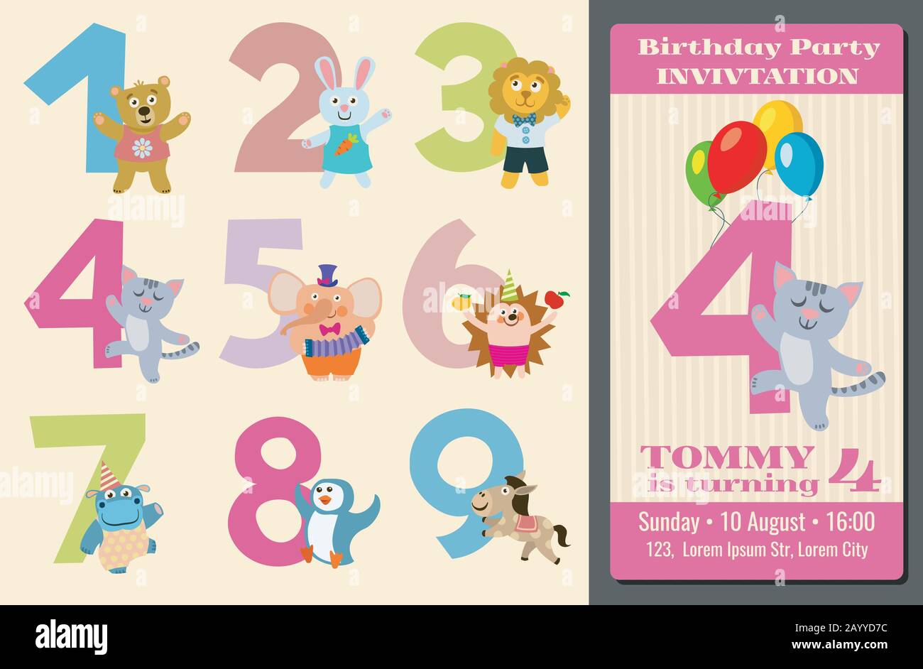 Geburtstags-Geburtstags-Nummern für Kinder mit Cartoon Animals und Geburtstagsparty mit Karte für Vektorgrafiken Stock Vektor