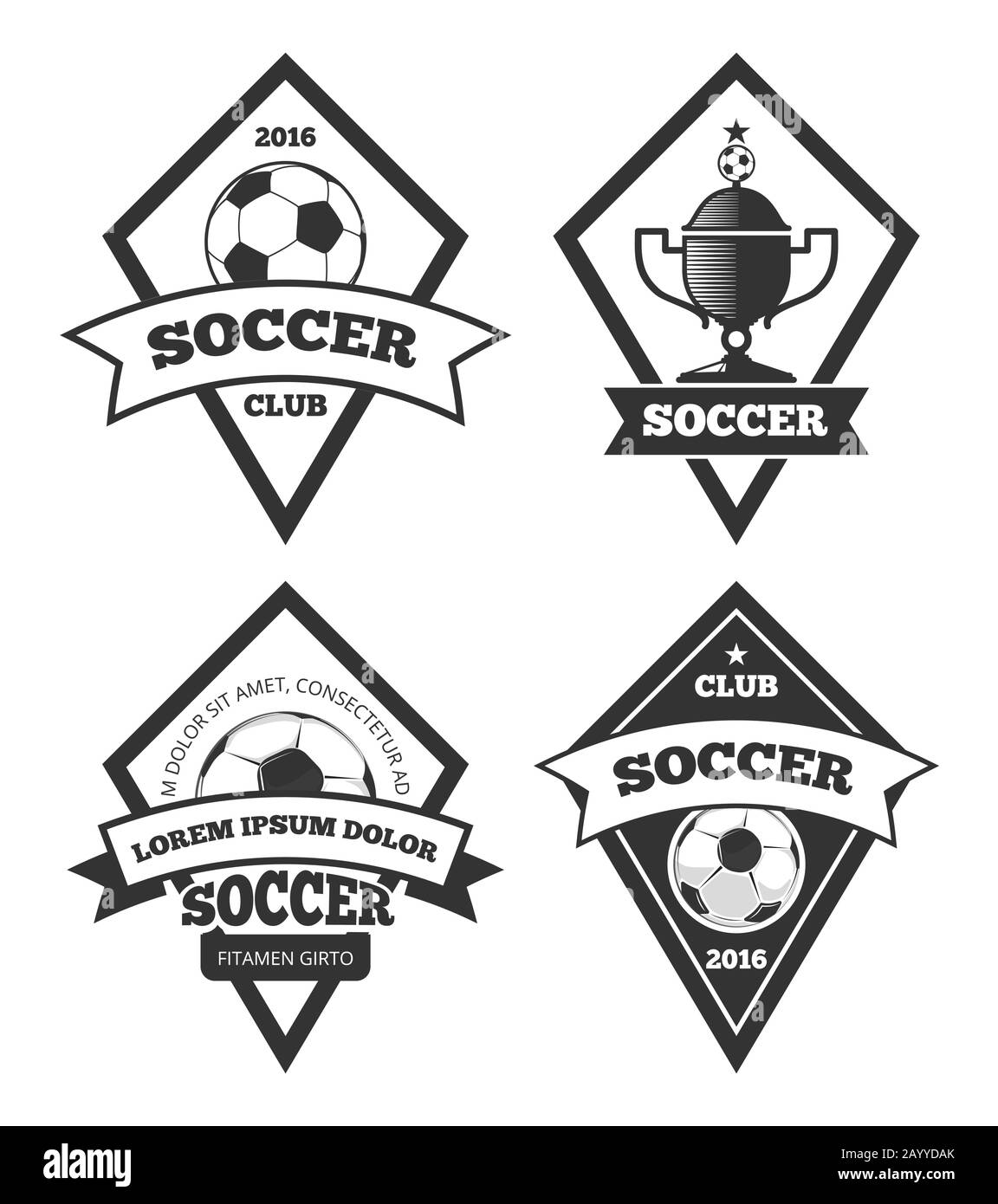 Fußball-Logo Schablonen Kollektion isoliert weiß. Fußball- oder Fußballmannschaftslabel, Vektorgrafiken Stock Vektor
